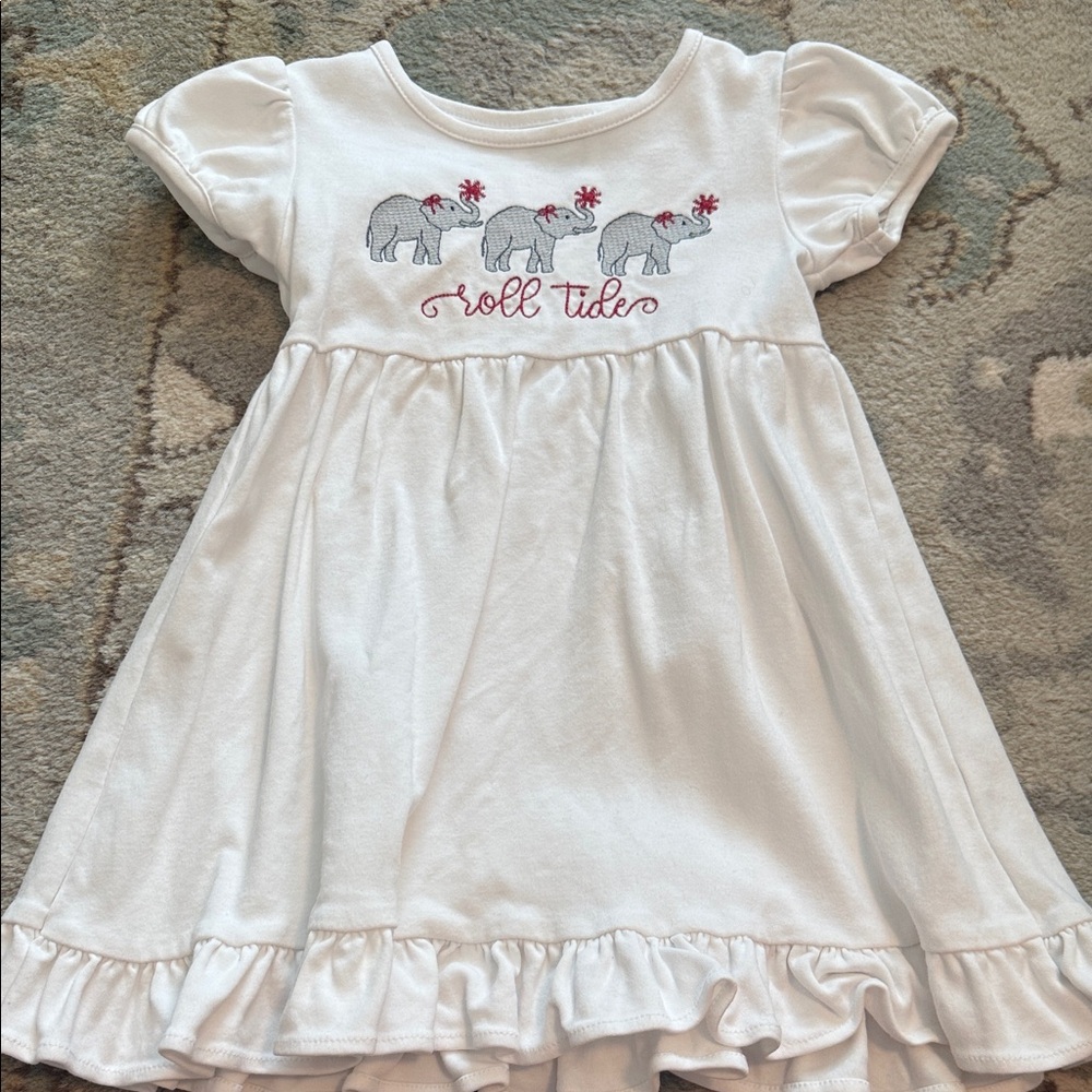 White Dress with Elephant Embroidery Roll Tide Alabama 2T